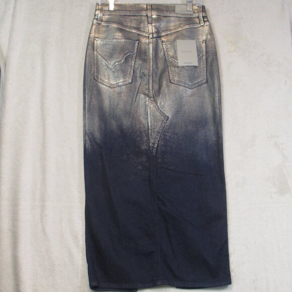 NWT Hudson Denim Midi Skirt Jean Reconstructed Metallic Silver Blue Cotton Sz 30 - Picture 6 of 12